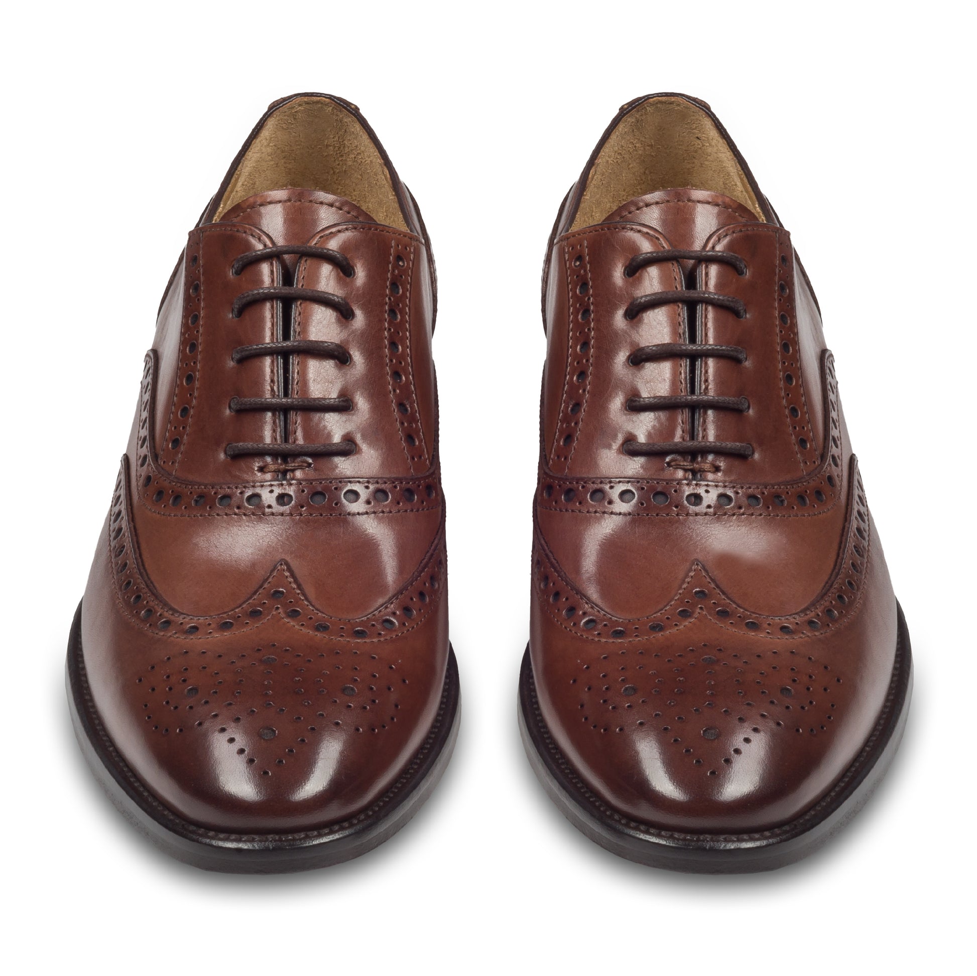 BRECOS Anzugschuhe, Brogue Oxford im Budapester-Stil in mittelbraun, Durchgenäht. Paarweise Ansicht von vorne. Bei Sisento.