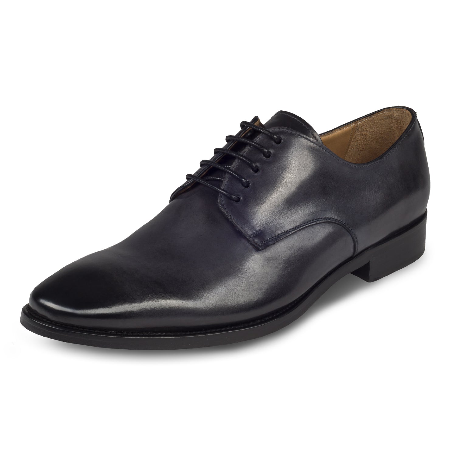 BRECOS – Italienische Herren Anzugschuhe, Plain Derby Schnürer in dunkel grau. Handgefertigt und durchgenäht. Schräge Ansicht linker Schuh.