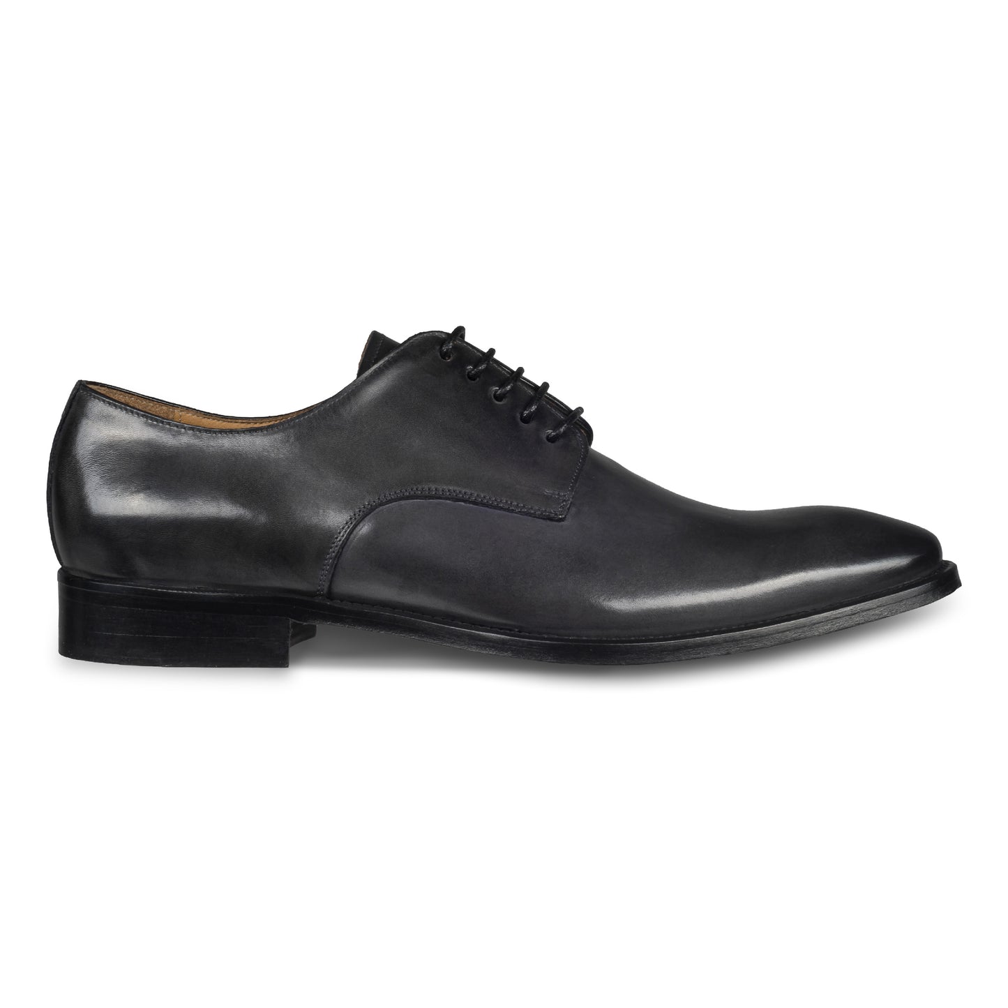 BRECOS – Italienische Herren Anzugschuhe, Plain Derby Schnürer in dunkel grau. Handgefertigt und durchgenäht. Seitliche Ansicht der Außenseite rechter Schuh.