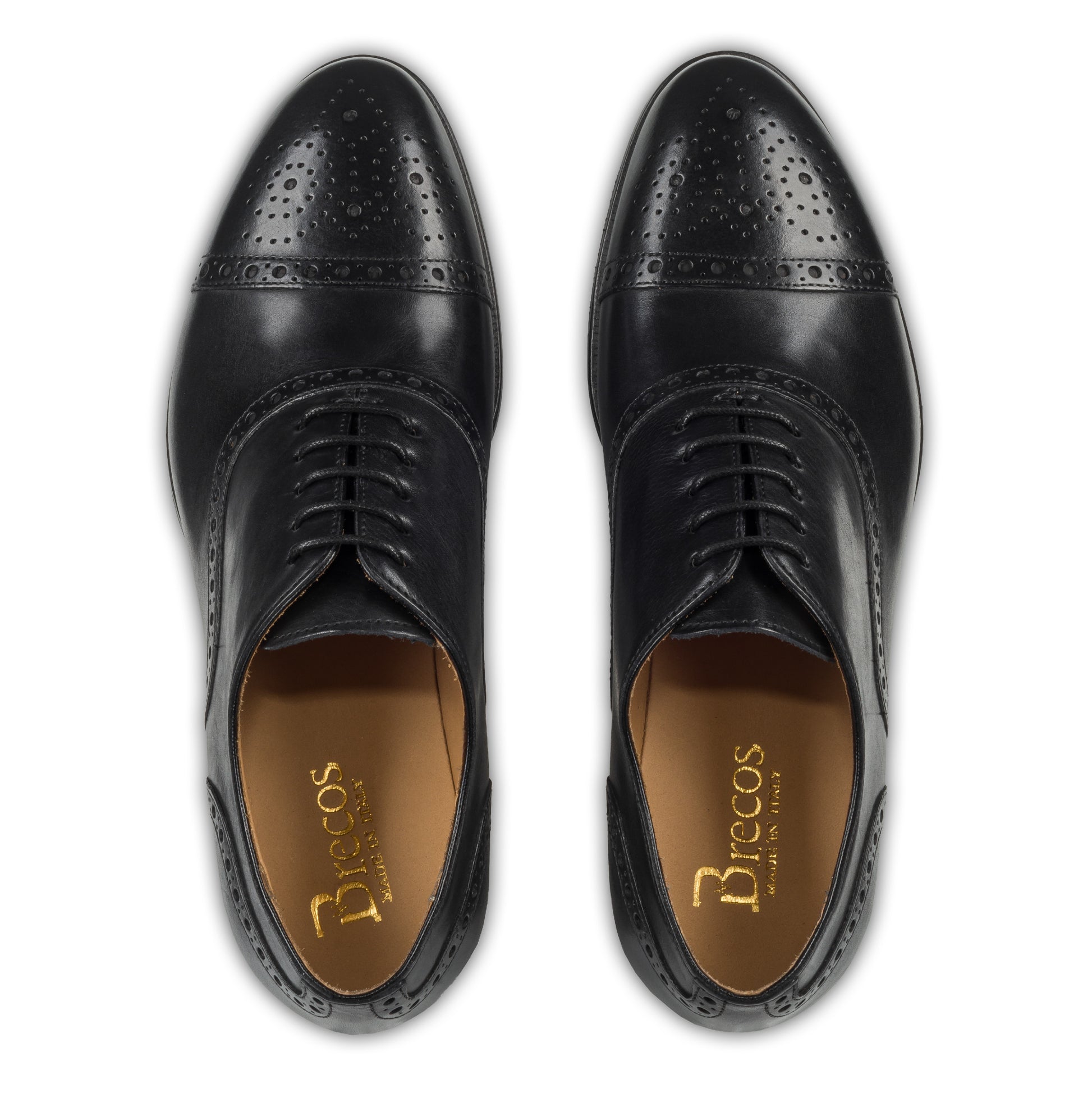 BRECOS Anzugschuhe Half-Brogue Oxford in schwarz, Durchgenäht. Ansicht der Ferse und Sohlenunterseite. Bei Sisento.