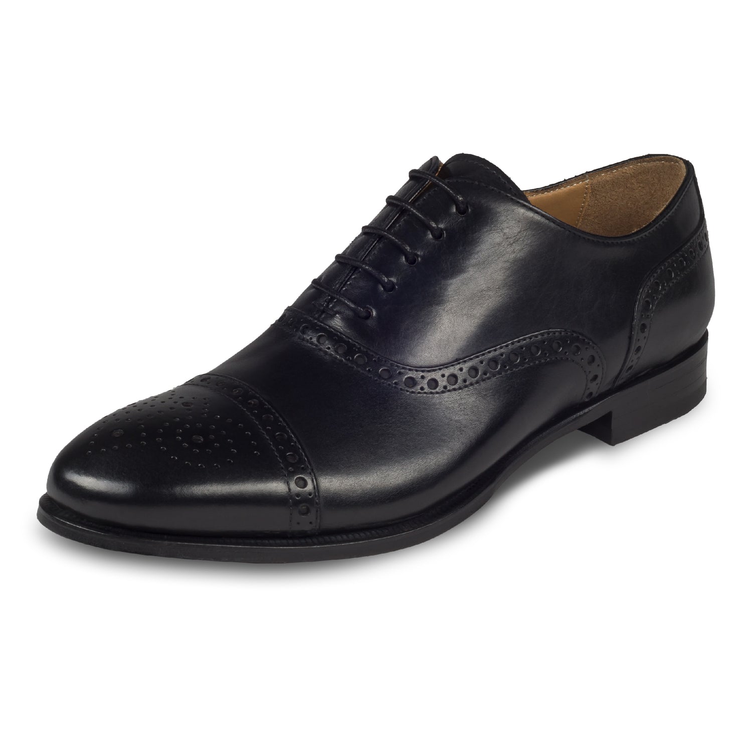 BRECOS Anzugschuhe Half-Brogue Oxford in schwarz, Durchgenäht. Schräge Ansicht linker Schuh. Bei Sisento.