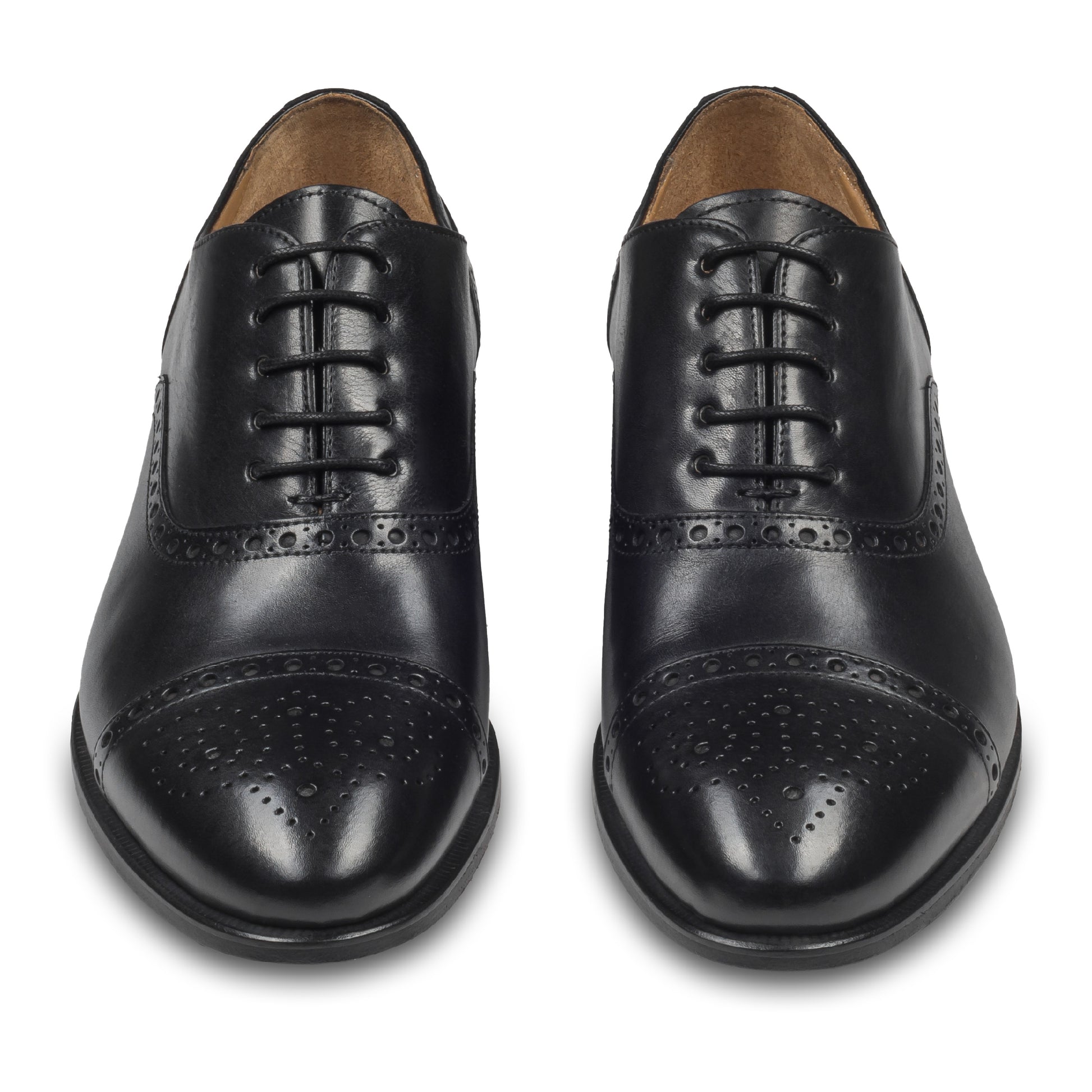 BRECOS Anzugschuhe Half-Brogue Oxford in schwarz, Durchgenäht. Paarweise Ansicht von vorne. Bei Sisento.