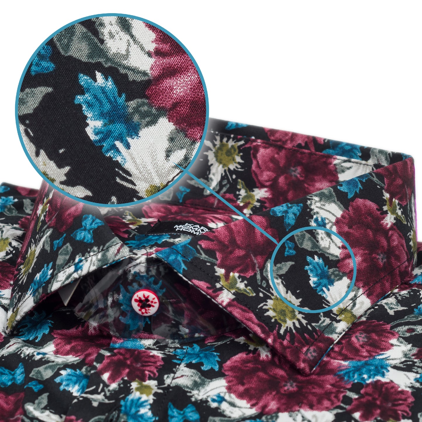 Karl Mommoo - Italienisches Herren-Hemd in floralem Print in blau/bordeaux, Baumwolle mit Elasthan, Modern Fit. Detailansicht