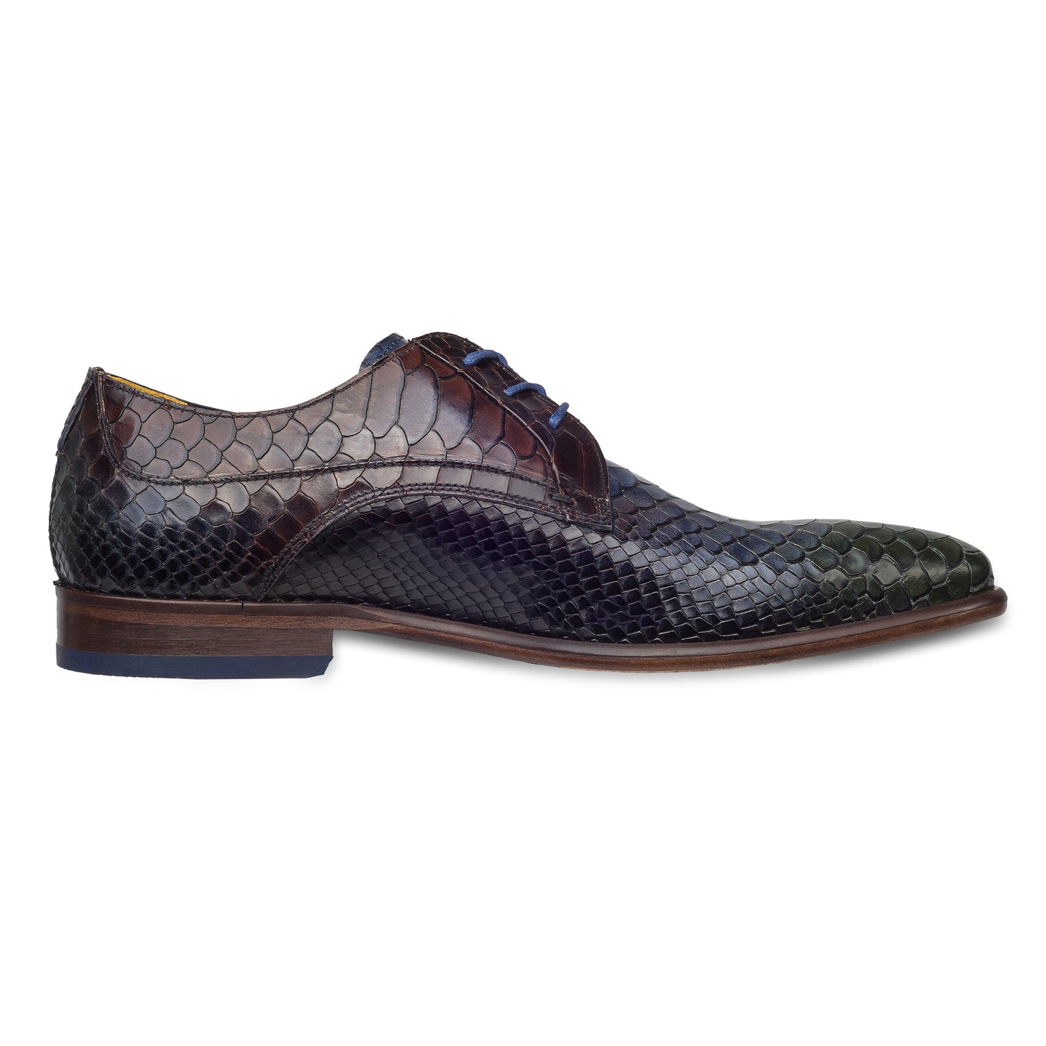 Lorenzi | Extravaganter Derby Schnürer Kroko-Prägung blau/grün/bordeaux, Durchgenäht.  Seitliche Ansicht der Innenseite, linker Schuh