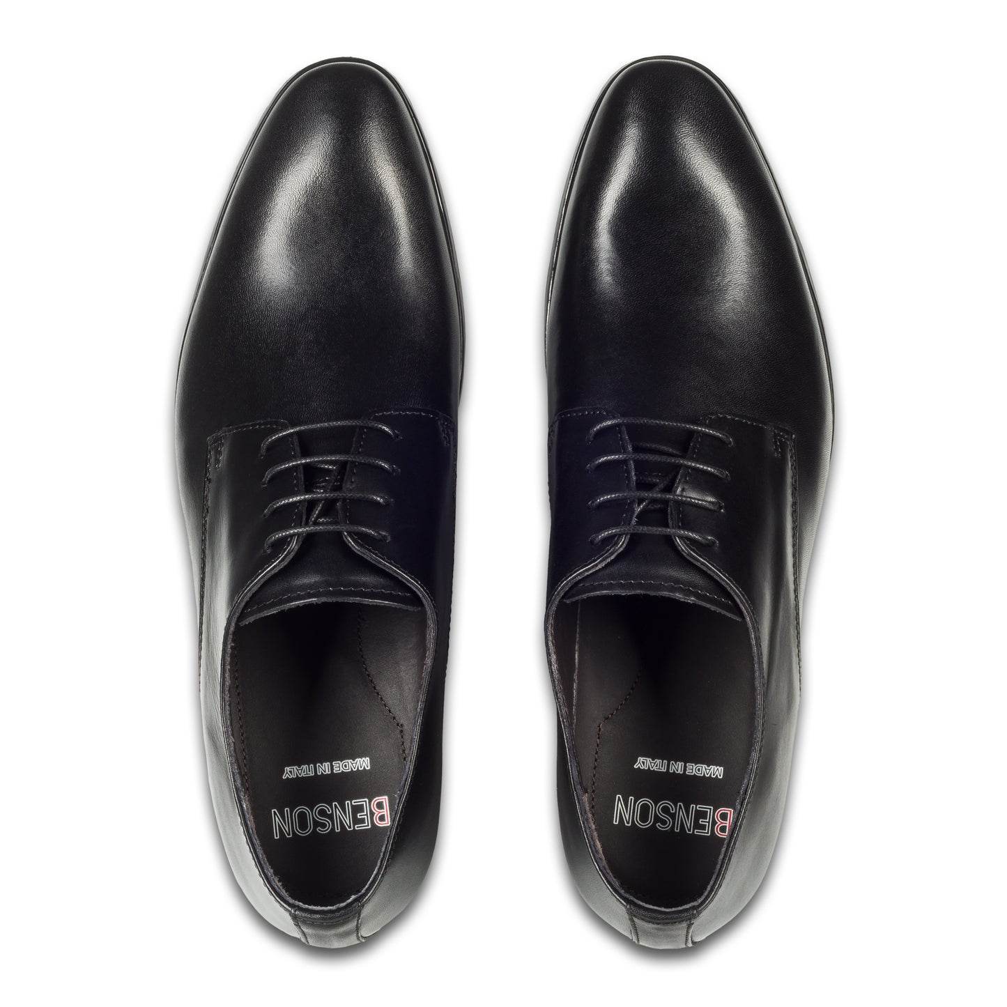 Nicola Benson Anzugschuhe Herren, Plain Derby Schnürer schwarz - Kalbsleder, handgefertigt. Made in Italy. Paarweise Draufsicht von oben.