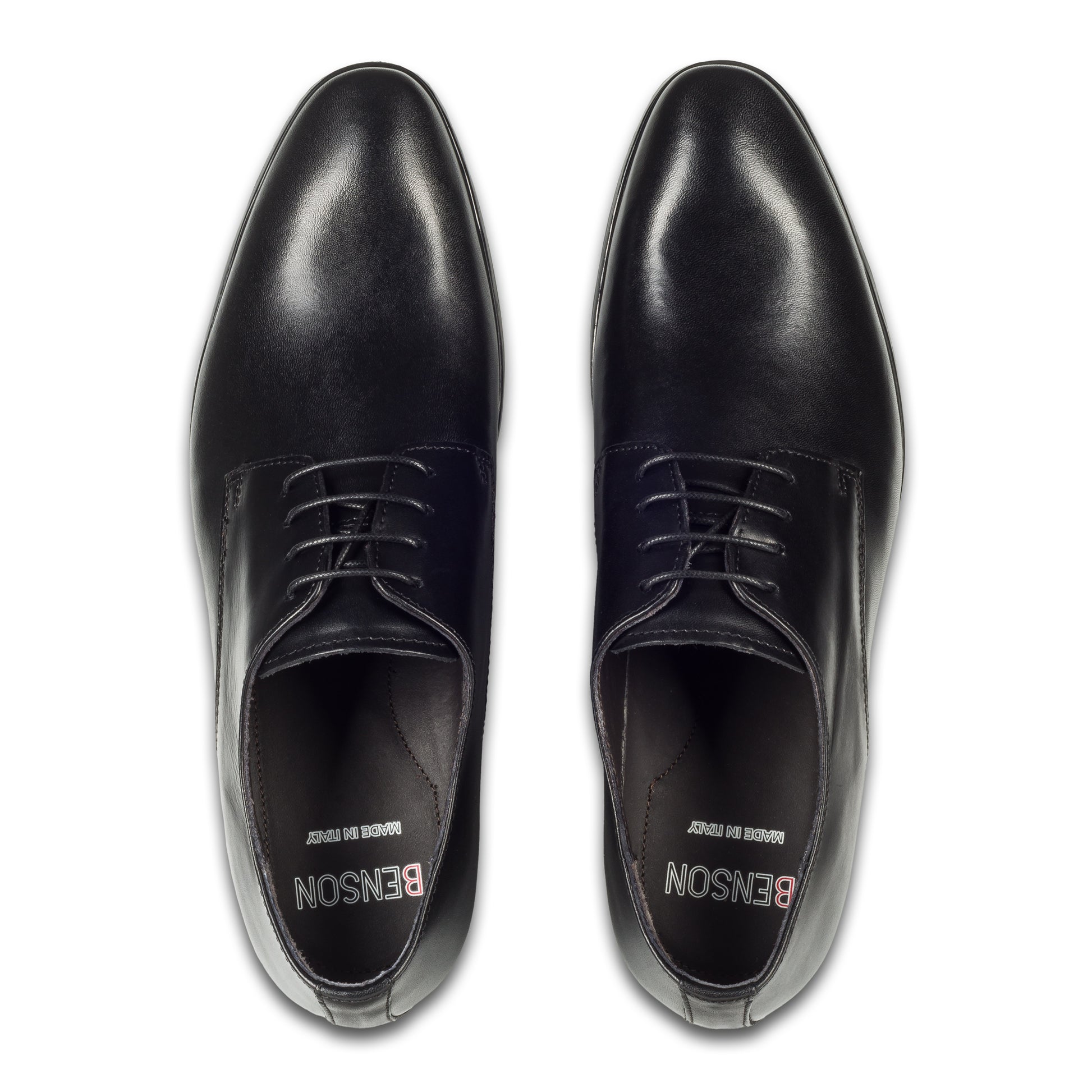 Nicola Benson Anzugschuhe Herren, Plain Derby Schnürer schwarz - Kalbsleder, handgefertigt. Made in Italy. Paarweise Draufsicht von oben.